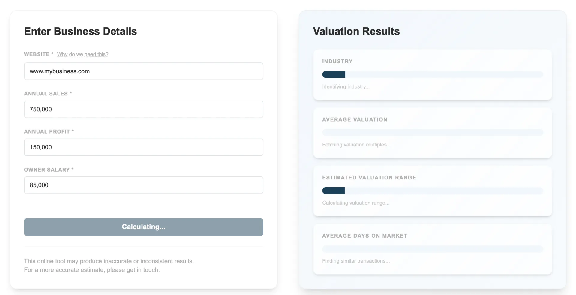 Business valuation calculator preview